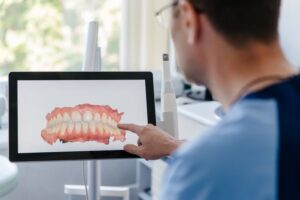 Dentist looking at digital scan of patient’s teeth